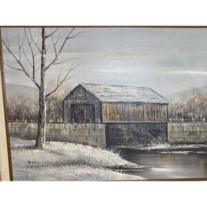 J. Medina 1970s Original Oil On Canvas Covered Bridge Winter Painting 80s Framed